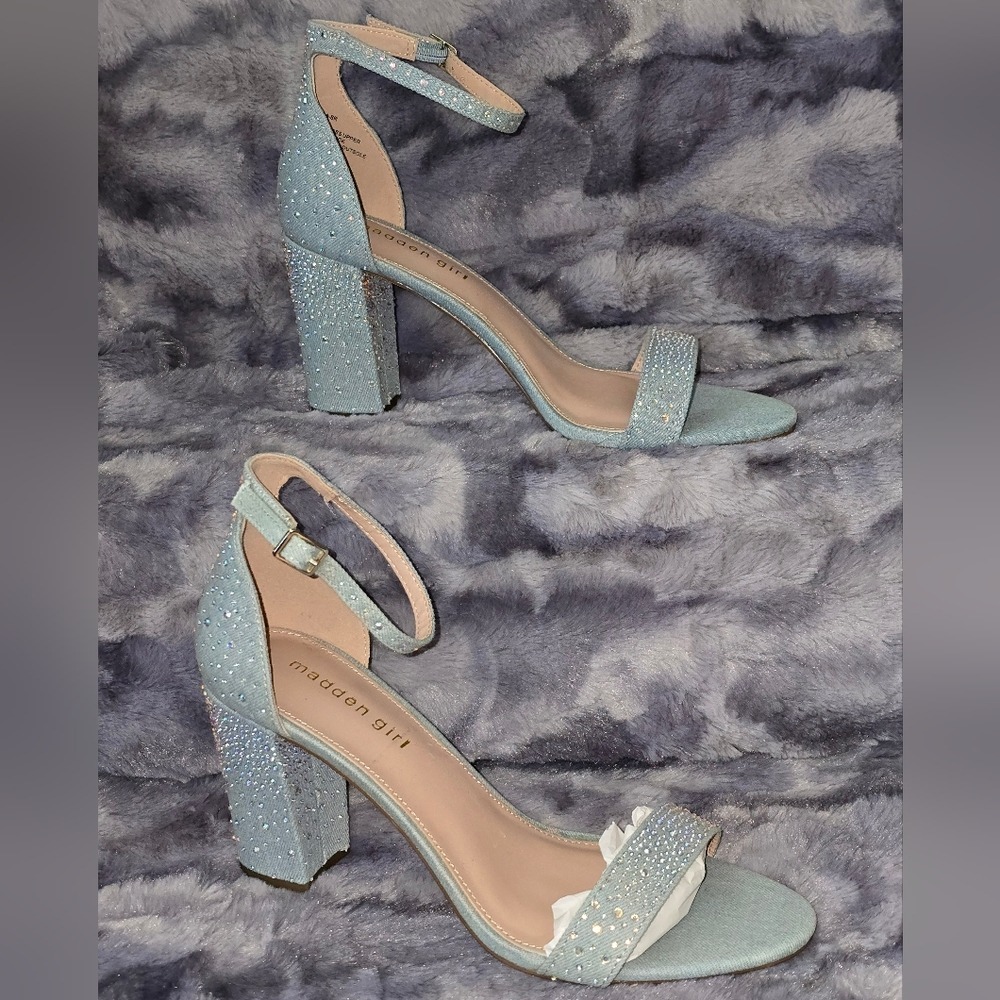 NWB Madden Girl Bella Two-Piece Rhinestone Dress Sandals Denim Look 9.5